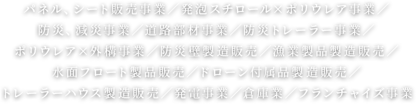 パネル、シート販売事業／発泡スチロール×ポリウレア事業／防災、減災事業／道路部材事業／防災トレーラー事業／ポリウレア×外構事業／防災壁製造販売／漁業製品製造販売／水面フロート製品販売／ドローン付属品製造販売／トレーラーハウス製造販売／発電事業／倉庫業／フランチャイズ事業